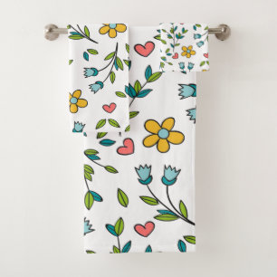 Hand-Drawn Colourful Floral & Hearts Pattern  Bath Towel Set