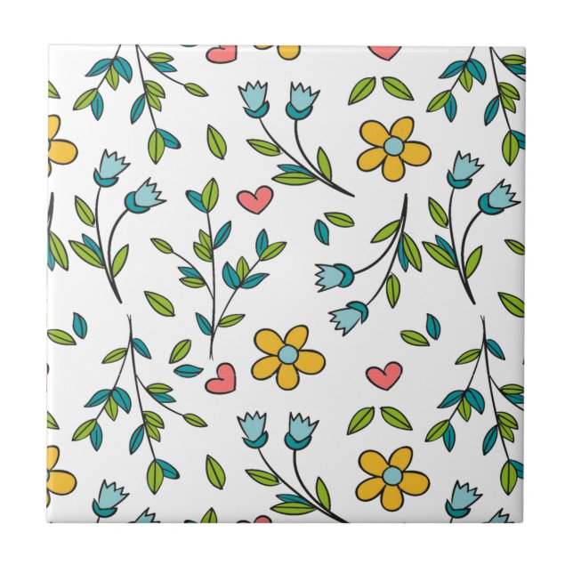 Hand-Drawn Colourful Floral & Hearts Pattern  Ceramic Tile (Front)