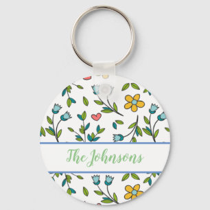 Hand-Drawn Colourful Floral & Hearts Pattern Key Ring