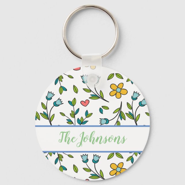 Hand-Drawn Colourful Floral & Hearts Pattern  Key Ring (Front)