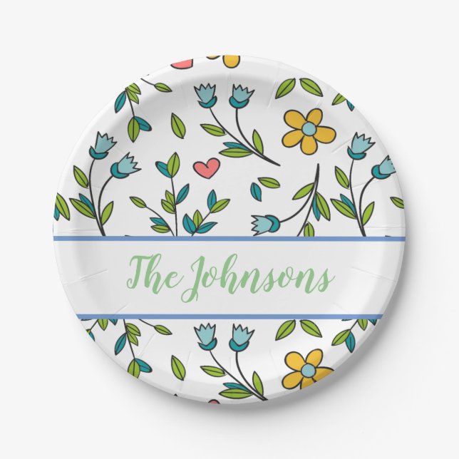 Hand-Drawn Colourful Floral & Hearts Pattern  Paper Plate (Front)