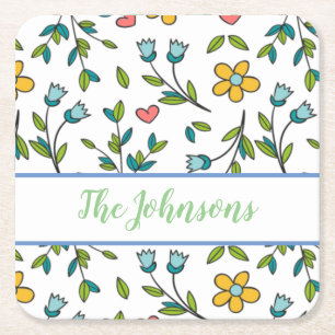 Hand-Drawn Colourful Floral & Hearts Pattern Square Paper Coaster