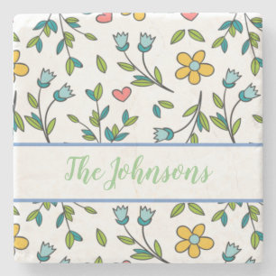 Hand-Drawn Colourful Floral & Hearts Pattern Stone Coaster