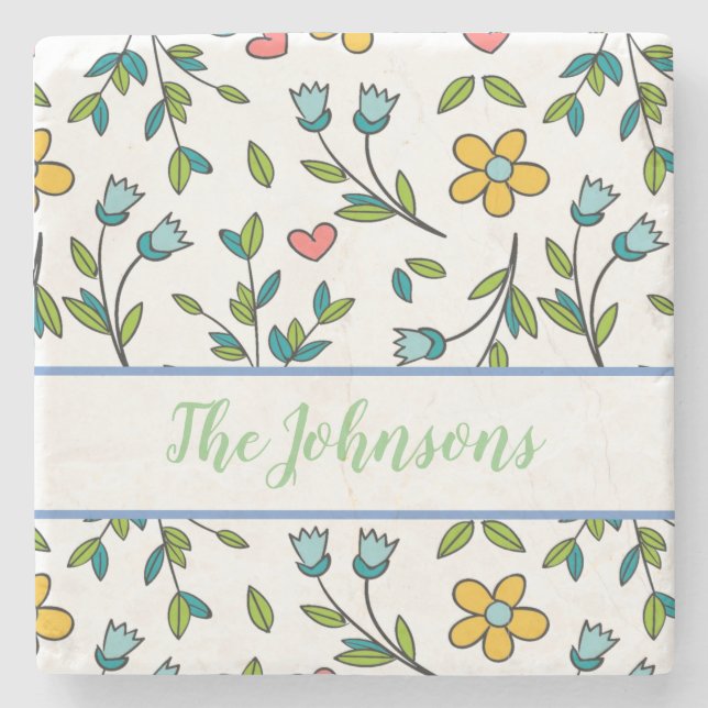 Hand-Drawn Colourful Floral & Hearts Pattern  Stone Coaster (Front)