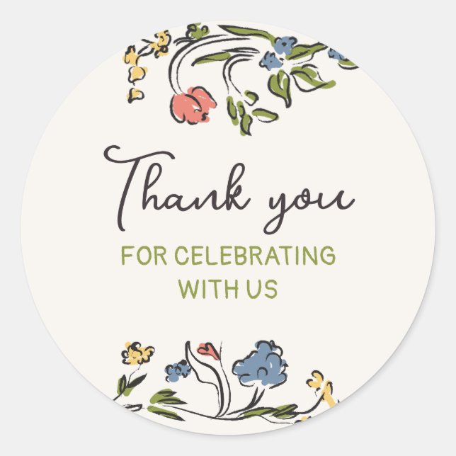Hand Drawn Colourful Floral Thank You Classic Round Sticker (Front)