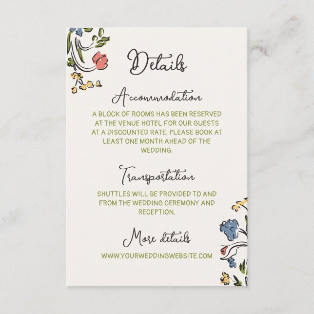 Hand Drawn Colourful Floral Wedding Details Enclosure Card (Front)