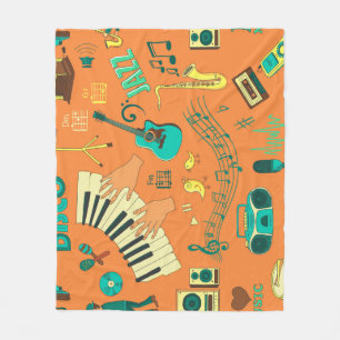Hand-drawn colourful music pattern fleece blanket