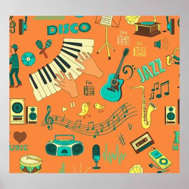 Hand-drawn colourful music pattern poster (Front)