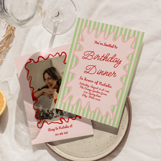 Hand Drawn Colourful Stripes Photo Birthday Dinner Invitation (Creator Uploaded)
