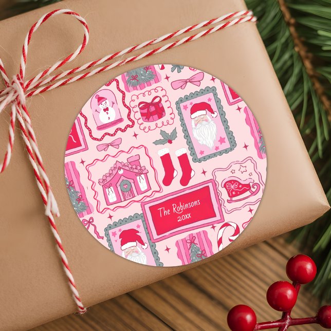 Hand Drawn coquette doodle pink christmas greeting Classic Round Sticker (Creator Uploaded)