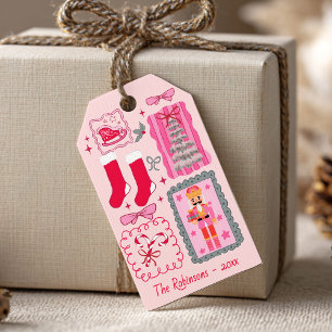 Hand Drawn coquette doodle pink christmas greeting Gift Tags