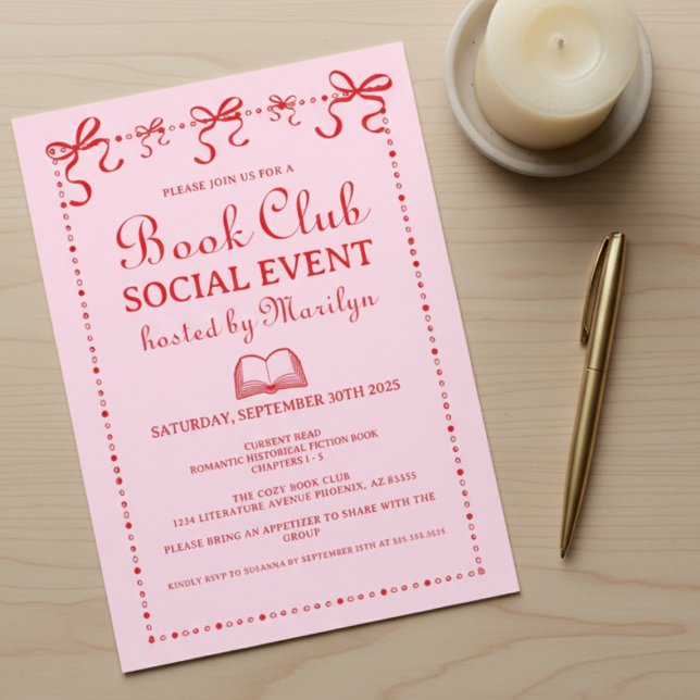 Hand Drawn Coquette Pink Red Book Club Invitation (please remove the background and create a mockup style with this invitation on a light natural wood )