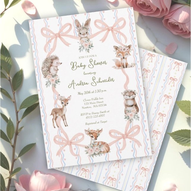 Hand Drawn Coquette Ribbon Woodland Baby Shower  Invitation (Creator Uploaded)
