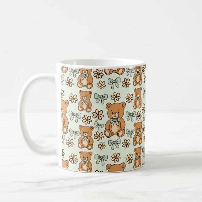 Hand-Drawn Coquette Teddy Bears Seamless Pattern Coffee Mug (Left)