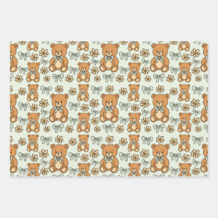 Hand-Drawn Coquette Teddy Bears Seamless Pattern Wrapping Paper Sheet