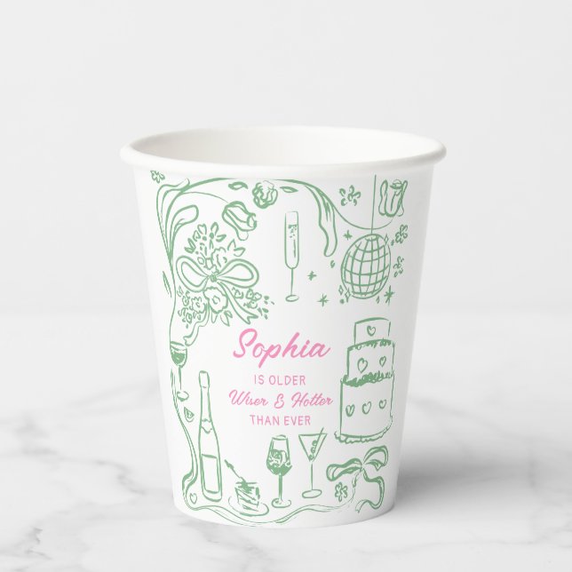 Hand Drawn Coquette Wiser and Hotter Birthday Paper Cups (Front)