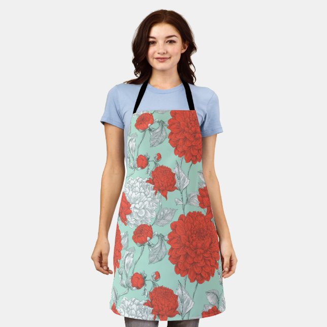Hand Drawn Coral Flower Mint Floral Pattern Apron (Worn)