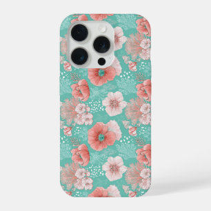 Hand Drawn Coral Flower Mint Floral Pattern iPhone 15 Pro Case