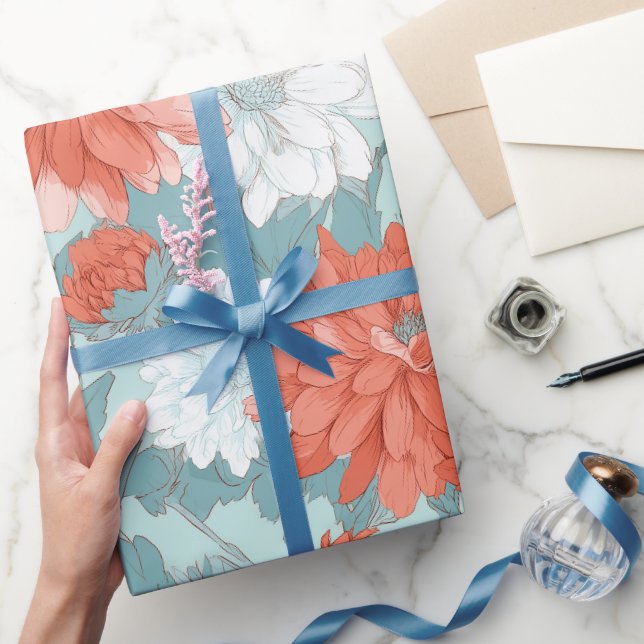 Hand Drawn Coral Flower Mint Floral Pattern Wrapping Paper (Gifting)