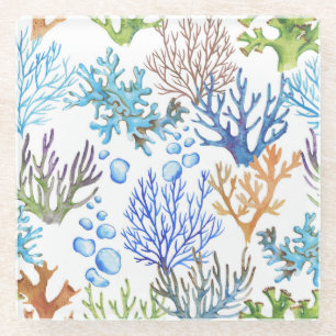 Hand-drawn corals: underwater sea pattern. glass coaster
