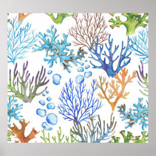Hand-drawn corals: underwater sea pattern. poster