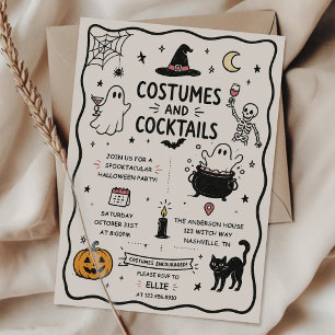 Hand Drawn Costumes And Cocktails Halloween Party Invitation