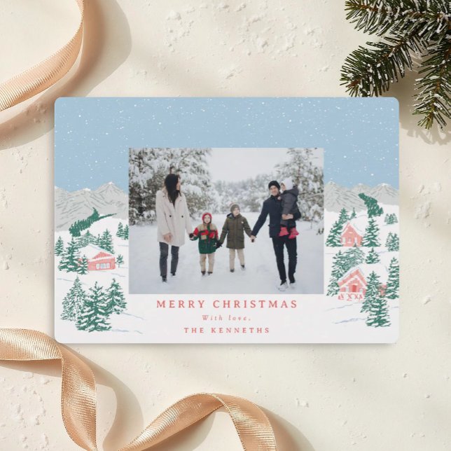 Hand Drawn Cosy Holiday Village Photo Holiday Card (Creator Uploaded)