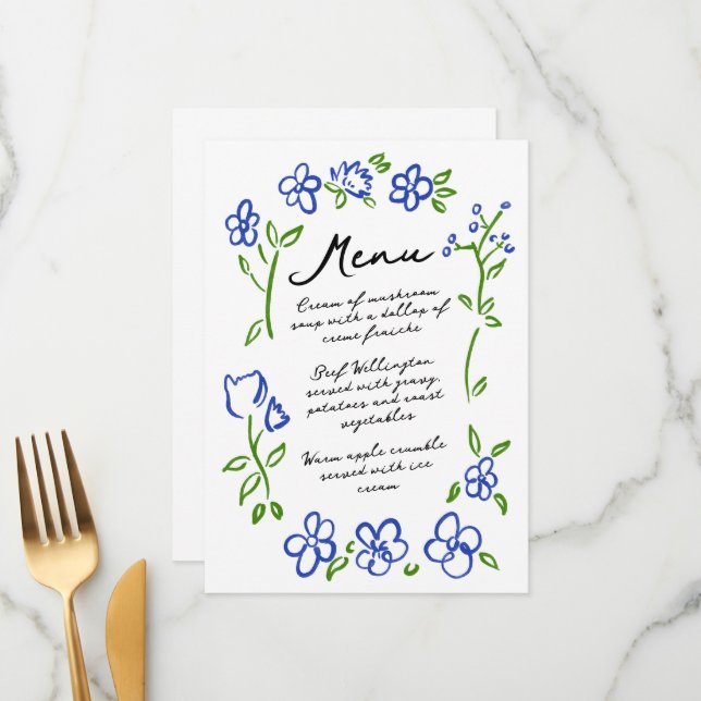 Hand Drawn Country Flower Garden Party Dinner Menu (Front/Back In Situ)
