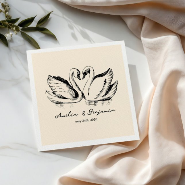 hand drawn Couple Swan Whimsical Wedding Napkin (Creator Uploaded)