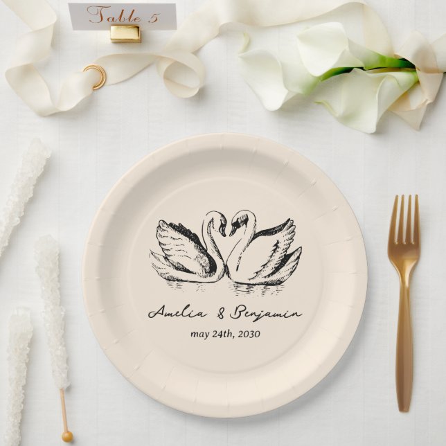 hand drawn Couple Swan Whimsical Wedding Paper Plate (Wedding)