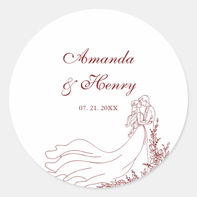 Hand Drawn Couple Wedding Classic Round Sticker (Front)