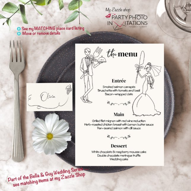 Hand drawn couple Wedding Dinner Menu (Bella & GUY Menu and matching place cards)