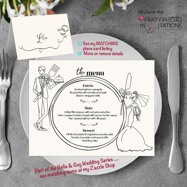 Hand drawn couple Wedding Dinner Menu Postcard (Bella and Guy Hand drawn series Menu Landscape)