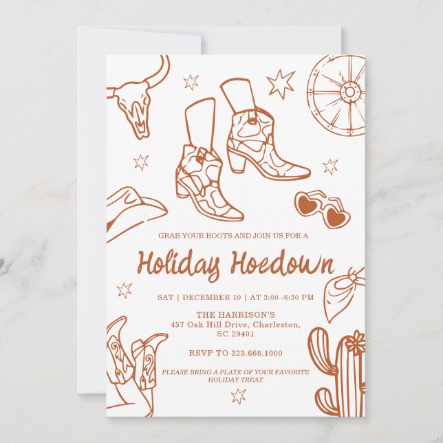 hand drawn Cowboy Boots Holiday Celebration, Invitation (Front)