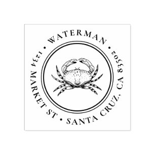 Hand-drawn Crab   Round Nautical Return Address Rubber Stamp