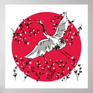 Hand drawn Crane bird, Graphic illustration bird a Poster