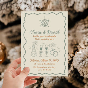 Hand drawn cream and green squiggly lines wedding invitation