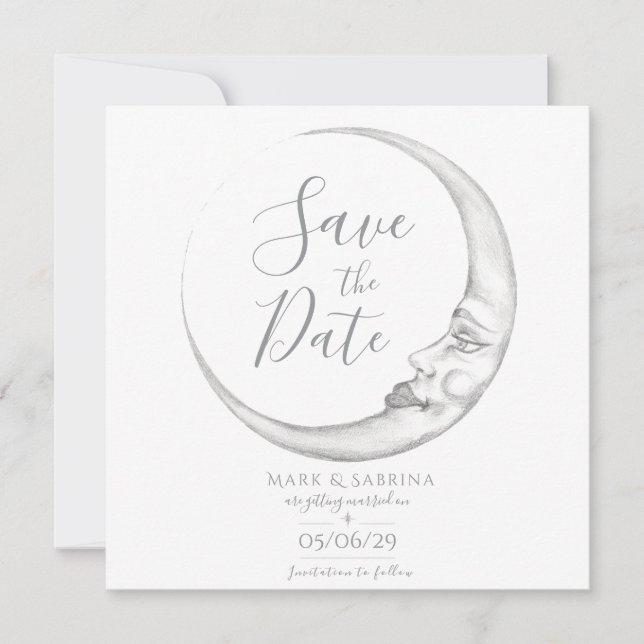 Hand Drawn Crescent Moon Save the Date Card (Front)