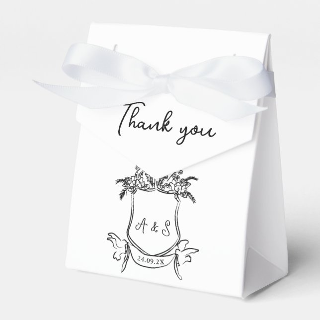 Hand drawn Crest Black White Wedding Favour Box (Front Side)