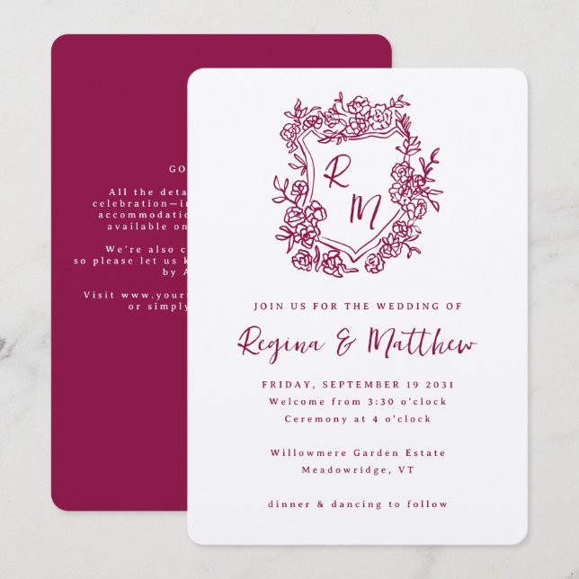 Hand Drawn Crest Monogram All-in-one Wedding Invitation (Front/Back)
