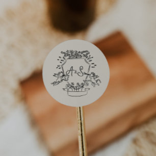 Hand drawn Crest Monogram Wedding Beige Classic Round Sticker