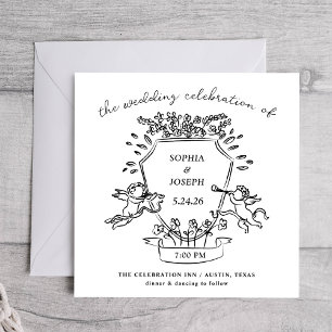 Hand Drawn Crest with Cherubs and Ribbon   Wedding Invitation