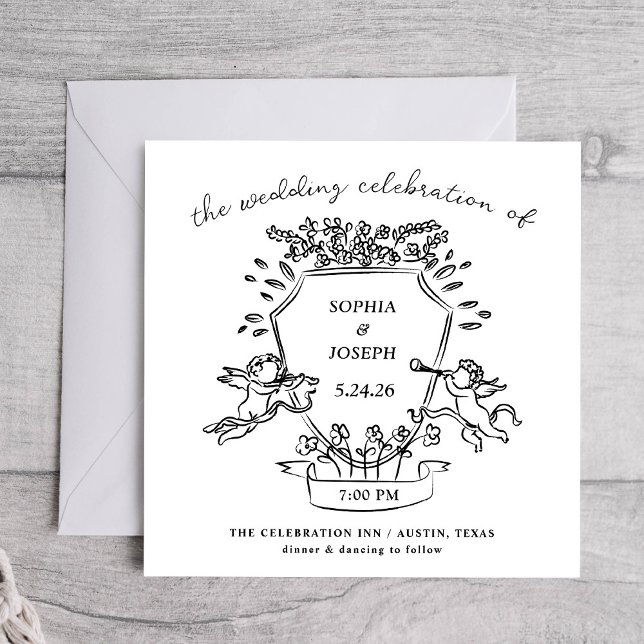 Hand Drawn Crest with Cherubs and Ribbon | Wedding Invitation (Creator Uploaded)