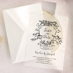Hand Drawn Crest with Cherubs   Save the Date Vellum Invitations