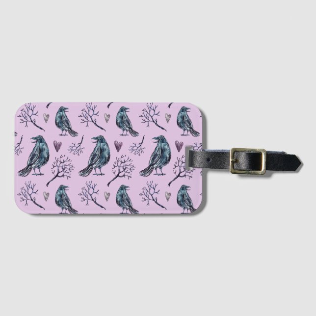 Hand Drawn Crow Pattern Luggage Tag (Front Horizontal)