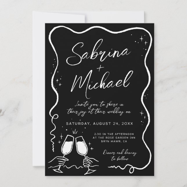 Hand Drawn Curvy Whimsical Black Wedding Invitation (Front)