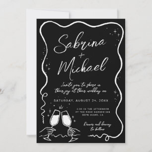 Hand Drawn Curvy Whimsical Black Wedding Invitation