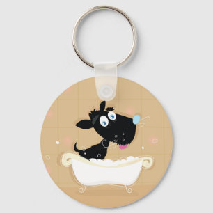 Hand drawn cute Black dog in bath Key Ring