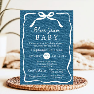 Hand Drawn Cute Bow Simple Blue Jean Baby Shower Invitation