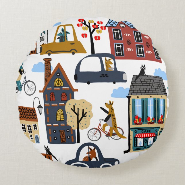 Hand drawn cute cartoon seamless pattern illustrat round cushion (Front)